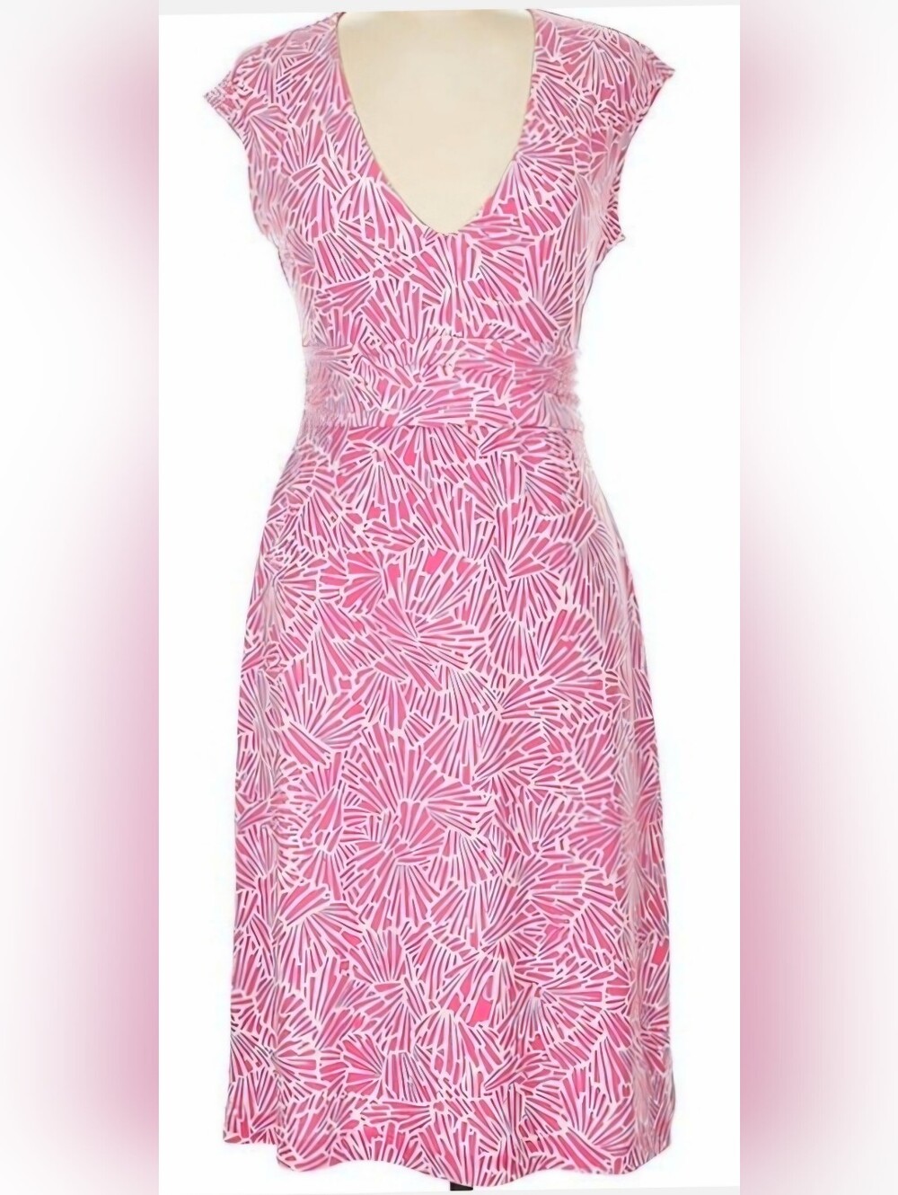 BCBGMAXAZRIA Pink Resort Sheath Dress Abstract Print V-Neck Midi Size M